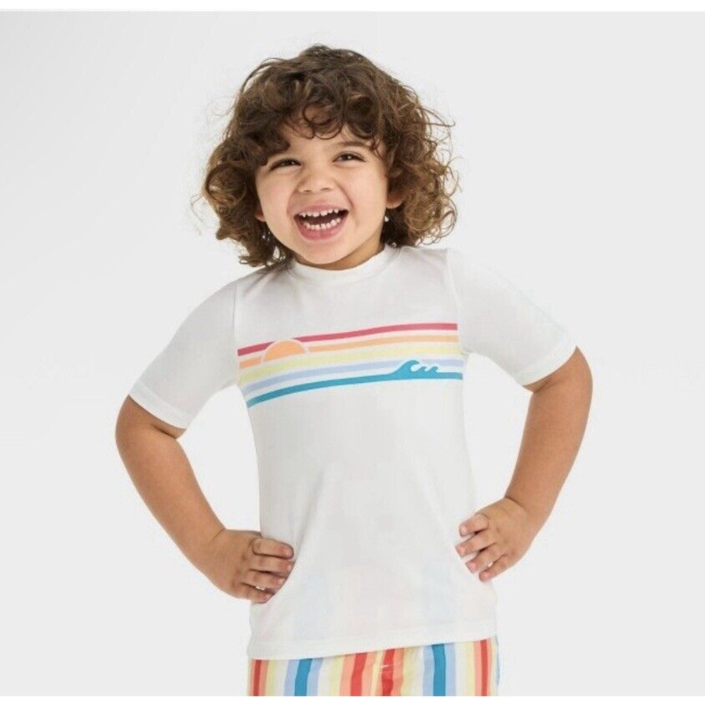 Cat & Jack Boys' 18 Months Retro Beach Sunrise‎ Rash Guard White Swim Shirt NWOT